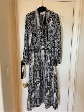 Reiss Black & White Geometric Long-Sleeve Midi Dress